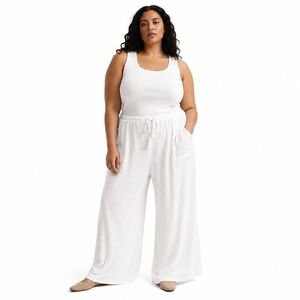 White Wide Leg Lounge Pants Drawstring Waist Coastal Minimalist Beachy 3XL